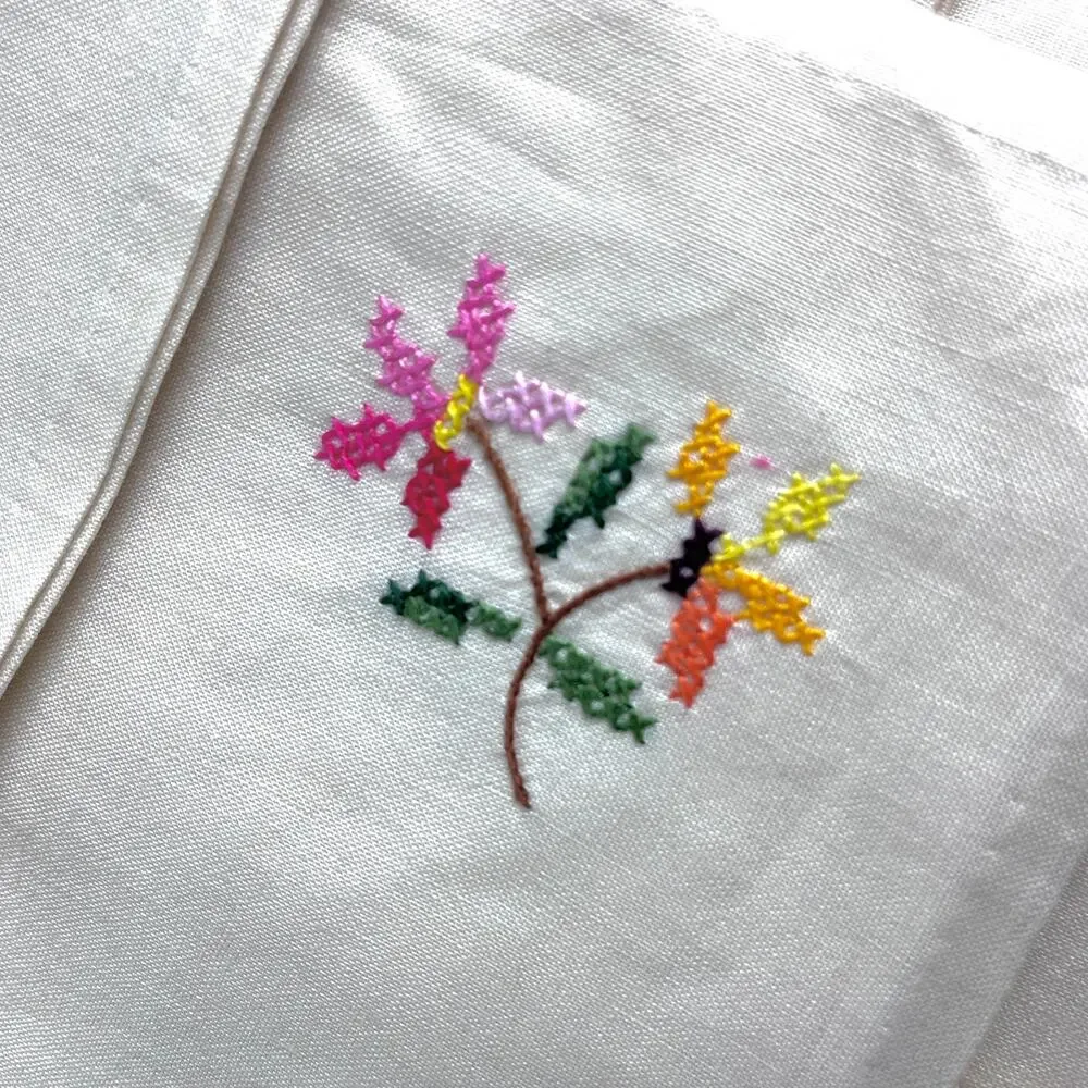 Set of 7 Cloth Napkins Floral Cross Stitched Corner Design Cottage Country